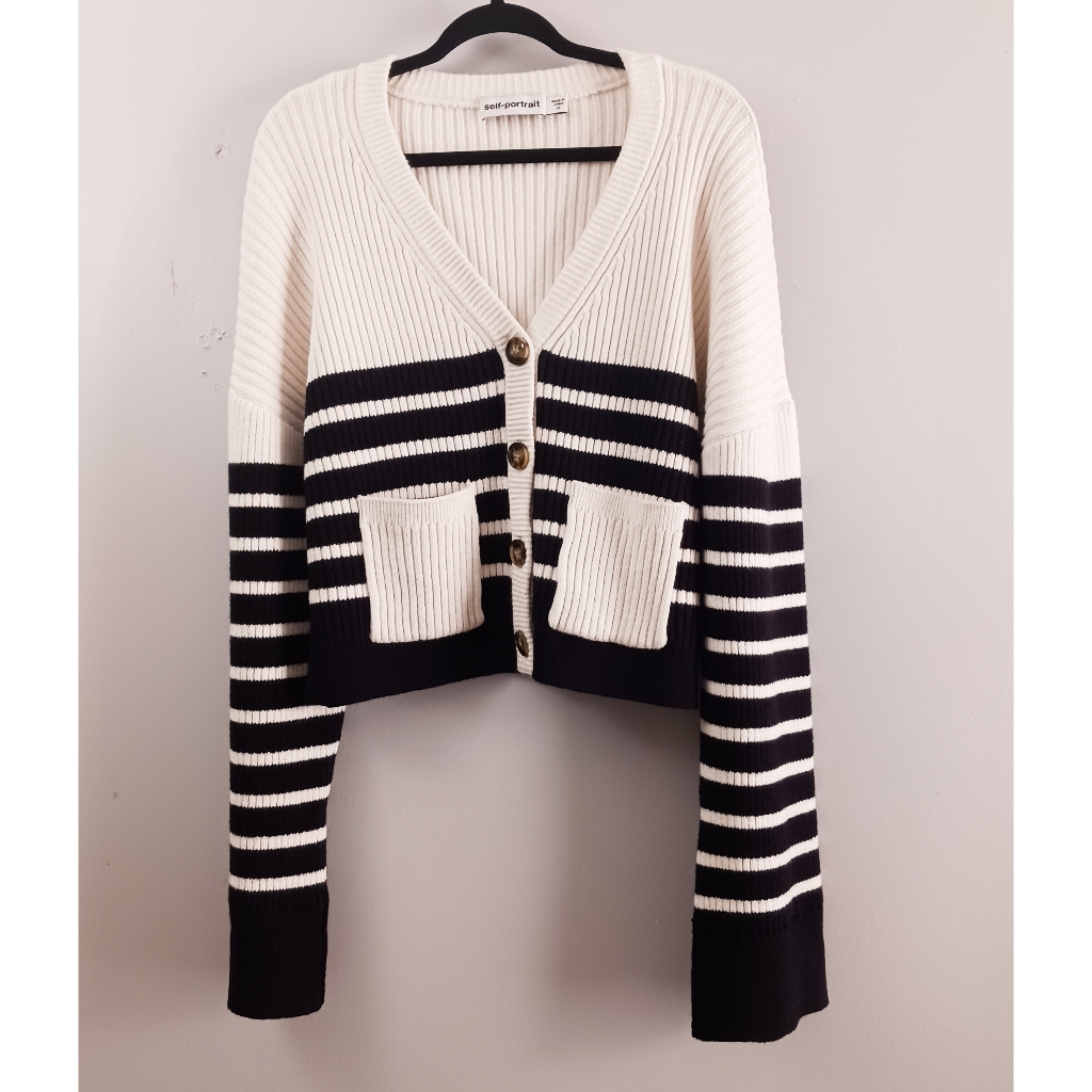 Self-Portrait Black And White Striped Cardigan
